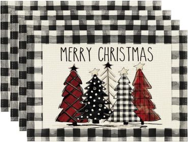 Waterclor Buffalo Plaid Christmas Trees Placemats Set of 4, 12x18 Inch Winter Table Mats for Outdoor Home Party Kitchen Dining Decor