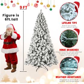 5ft 6ft 8ft 9ft Pre-Lit Flocked Christmas Tree Hinged Artificial Xmas Trees Premium PVC Branches With Lights (Option: 9ft)
