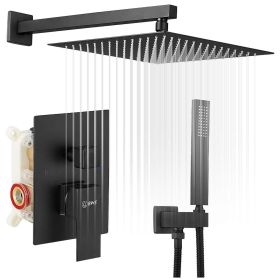 Luxurious Single Handle 2-Spray 10 in. Wall Mount Square Shower Head with Hand Shower Faucet (Color: Black)