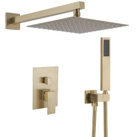 Luxurious Single Handle 2-Spray 10 in. Wall Mount Square Shower Head with Hand Shower Faucet (Color: Gold)