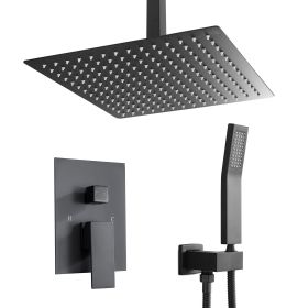10 Inch Ceiling Mounted Square Rain Shower Head and Handheld Shower head Set (Color: Matte Black)
