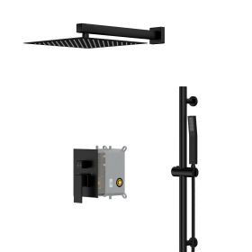 Wall Mounted Square Rainfall Shower and Handheld Shower Head,Rain Mixer Shower Combo Set with Sliding Bar (Color: Matte Black, size: 10")