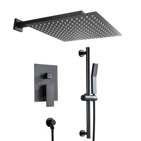 Wall Mounted Square Rainfall Shower and Handheld Shower Head,Rain Mixer Shower Combo Set with Sliding Bar (Color: Matte Black, size: 12")