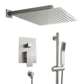 Wall Mounted Square Rainfall Shower and Handheld Shower Head,Rain Mixer Shower Combo Set with Sliding Bar (Color: Brushed Nickel, size: 12")