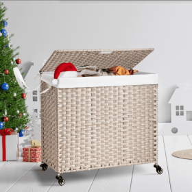 Laundry Hamper With Lid PE Rattan Powder Coating Frame Clothes Hampers With 02 Removable Bags, Wheels, 160L, Gray Color (Option: Light gray)